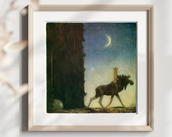 Princess Riding on a Moose, Vintage Fairy Tale Art Print