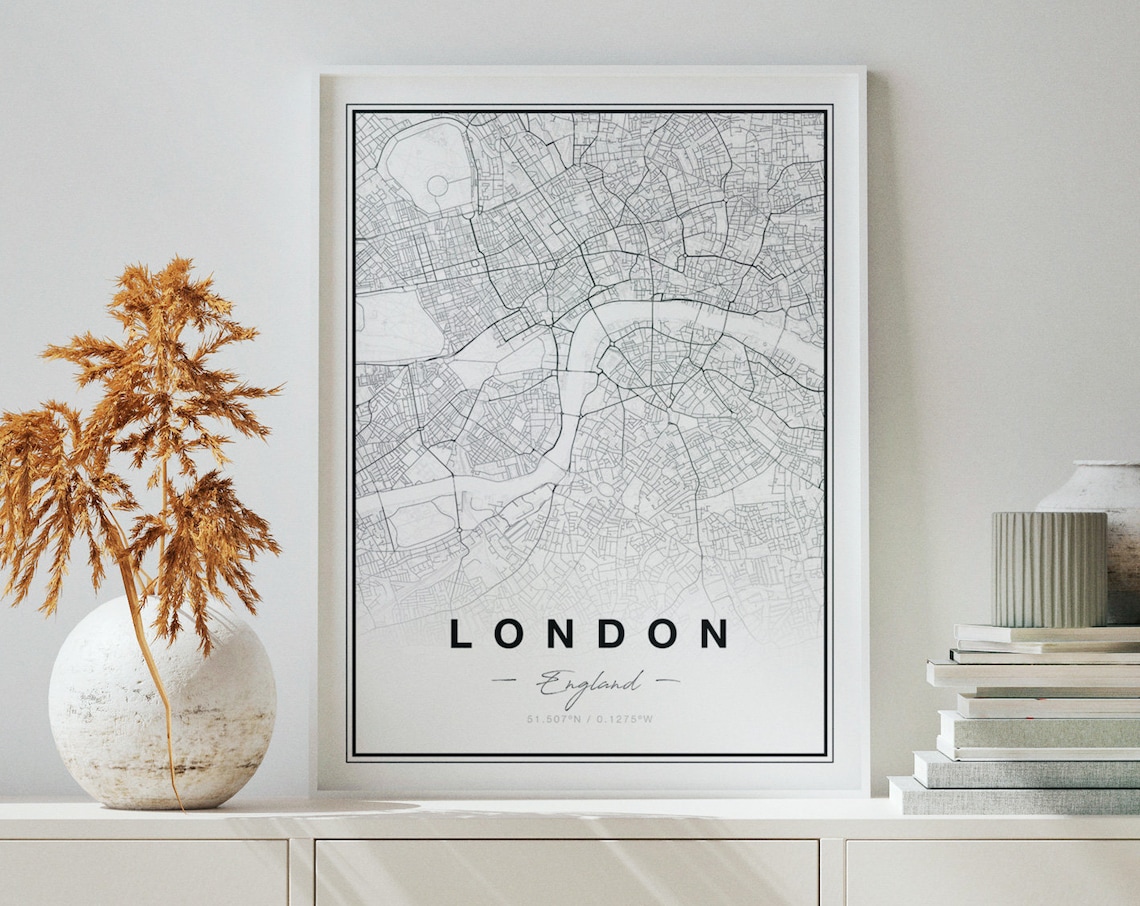 London England City Map Minimalist Black And White Modern Art Print