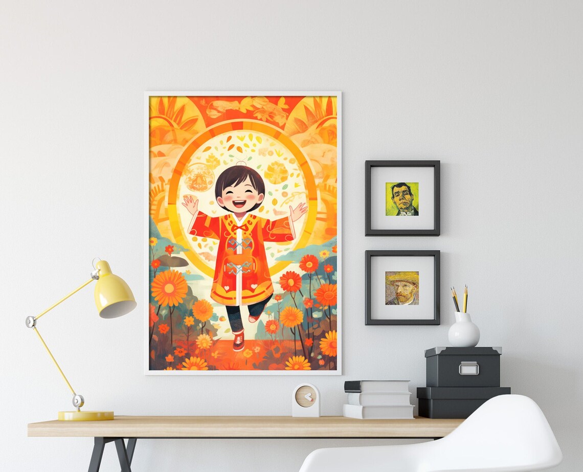 Smiling Chinese Boy in Red Festival Costume Among Sunflowers Poster - Image 4