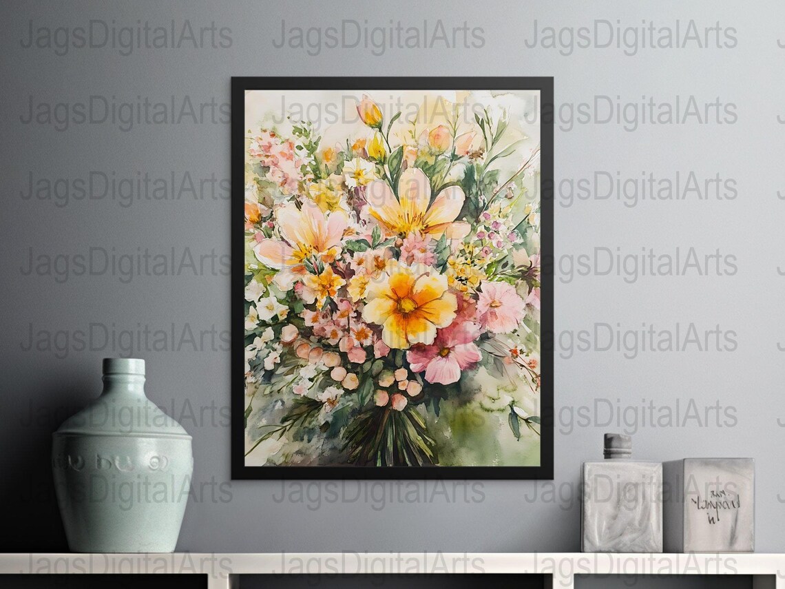Watercolor Wildflower Bouquet Pink Yellow Loose Floral Painting Poster - Image 2