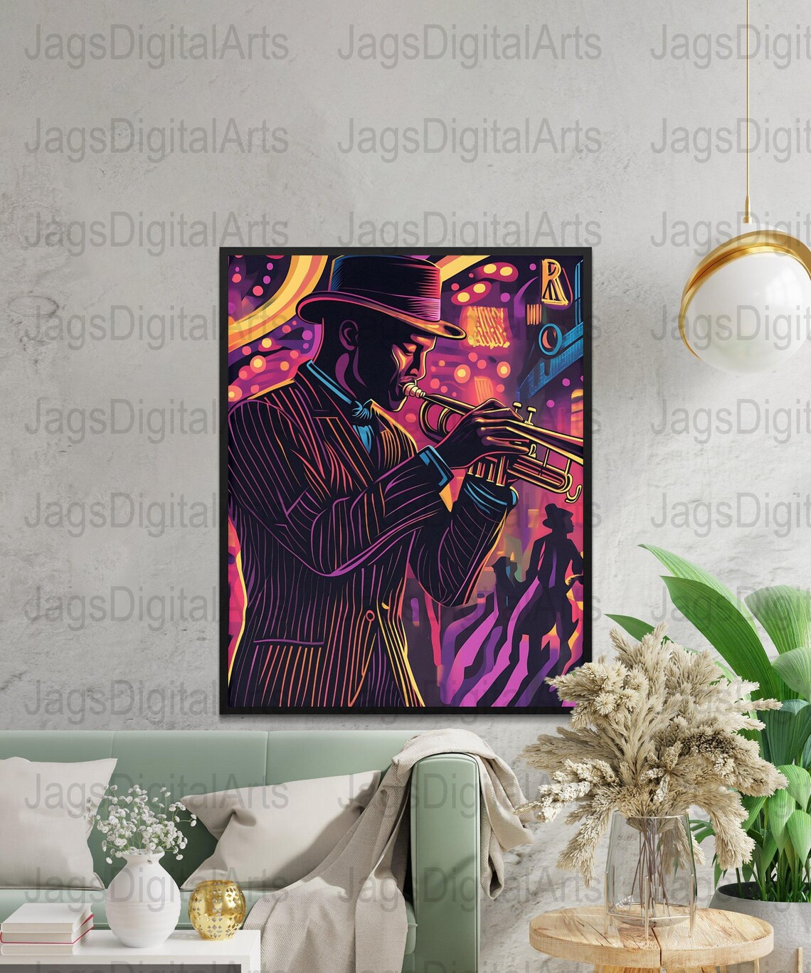 Neon Jazz Trumpeter Fedora Nightclub Retro Music Scene Art Poster - Image 2