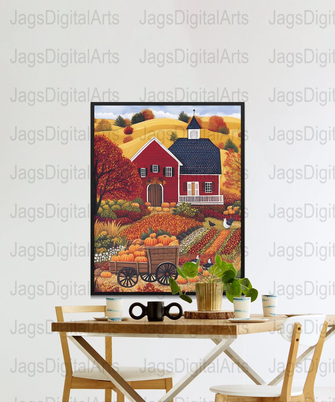 Fall Harvest Folk Art Red Barn Pumpkins Wagon Country Scene Poster - Image 3