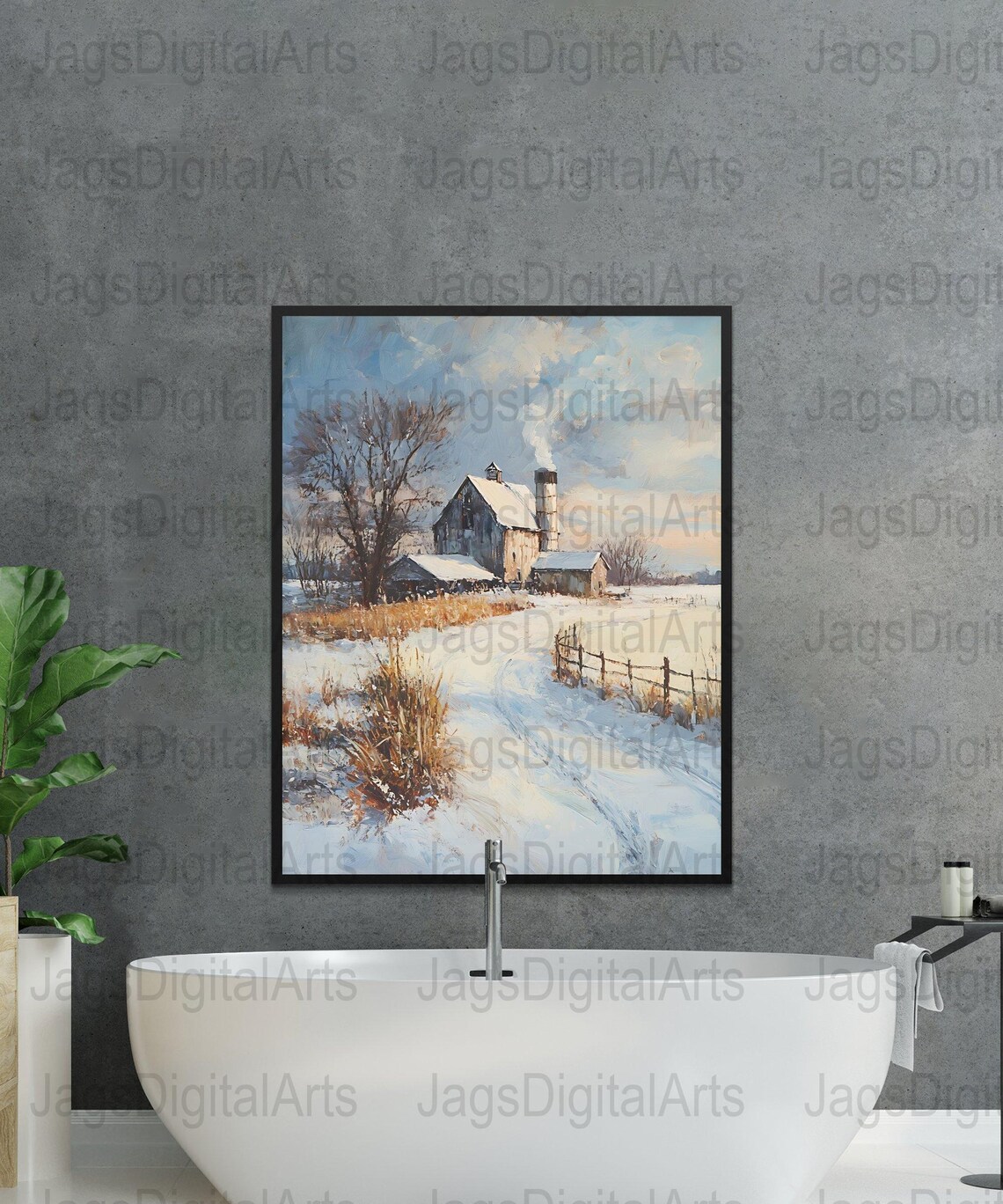 Snowy Farm Barn Oil Painting Winter Countryside Landscape Scene Poster - Image 2