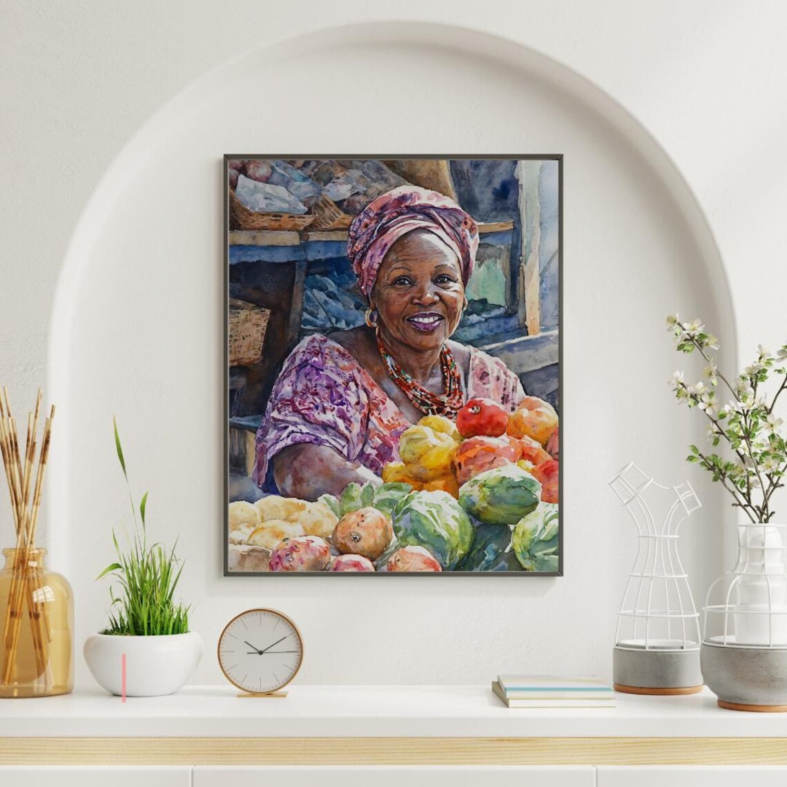 African Market Vendor Watercolor Smiling Woman Produce Baskets Poster - Image 5