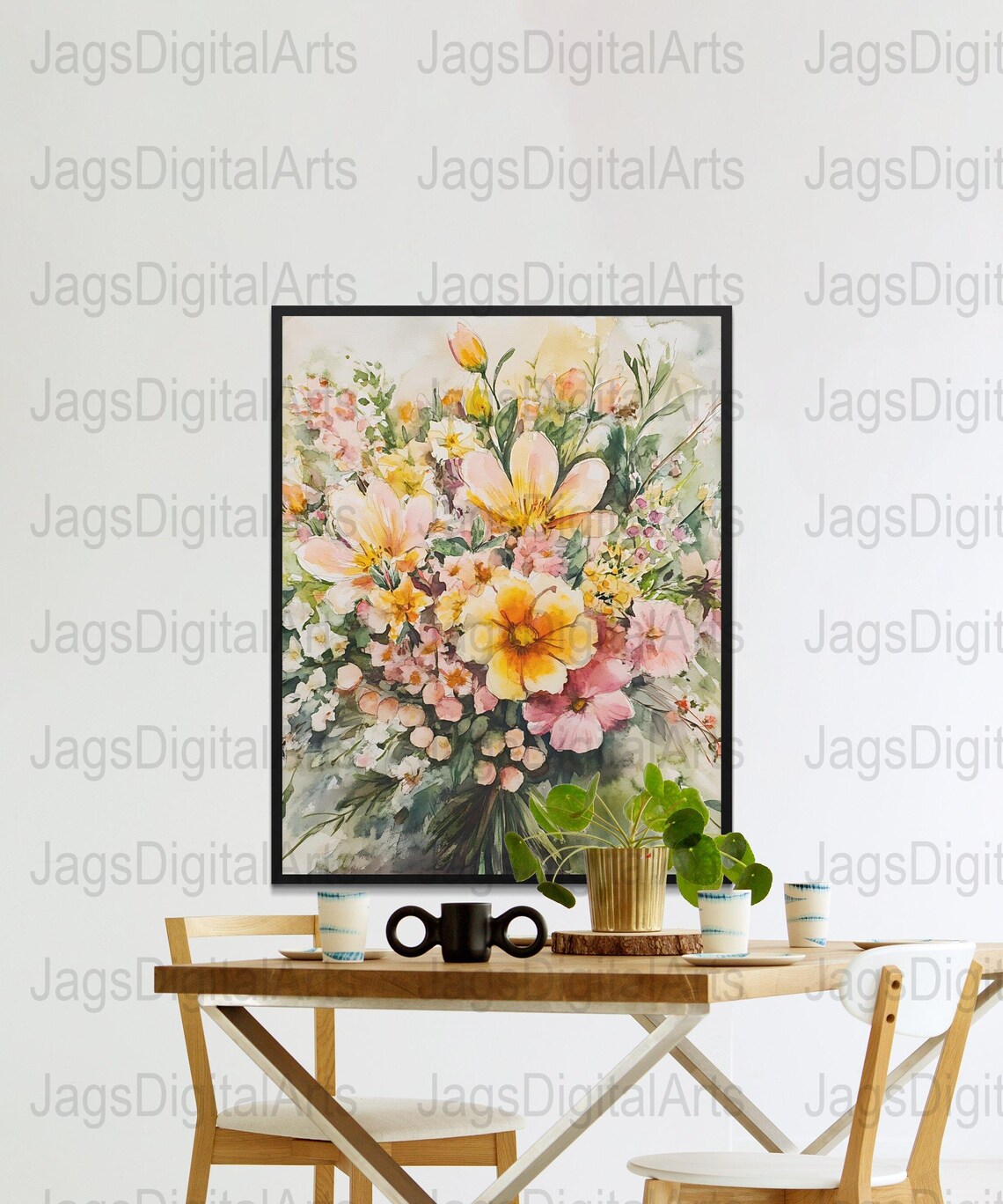 Watercolor Wildflower Bouquet Pink Yellow Loose Floral Painting Poster - Image 3