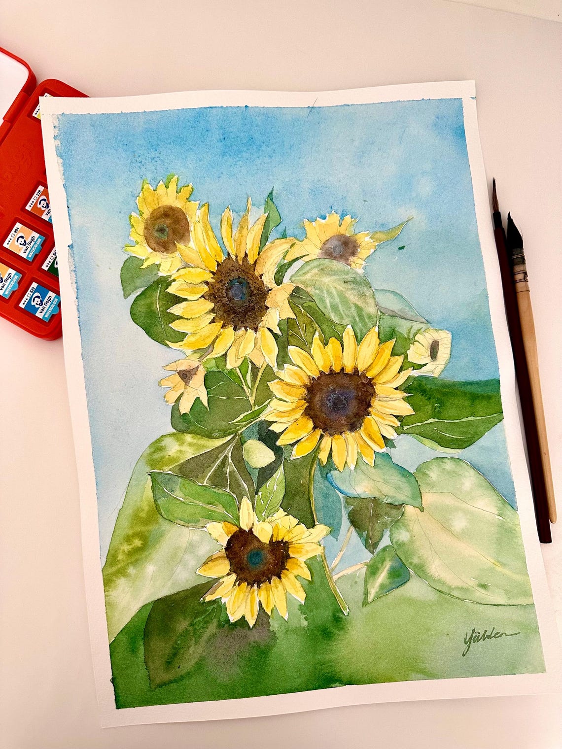 Sunflowers Under a Bright Blue Sky Watercolor Floral Art Poster - Image 2
