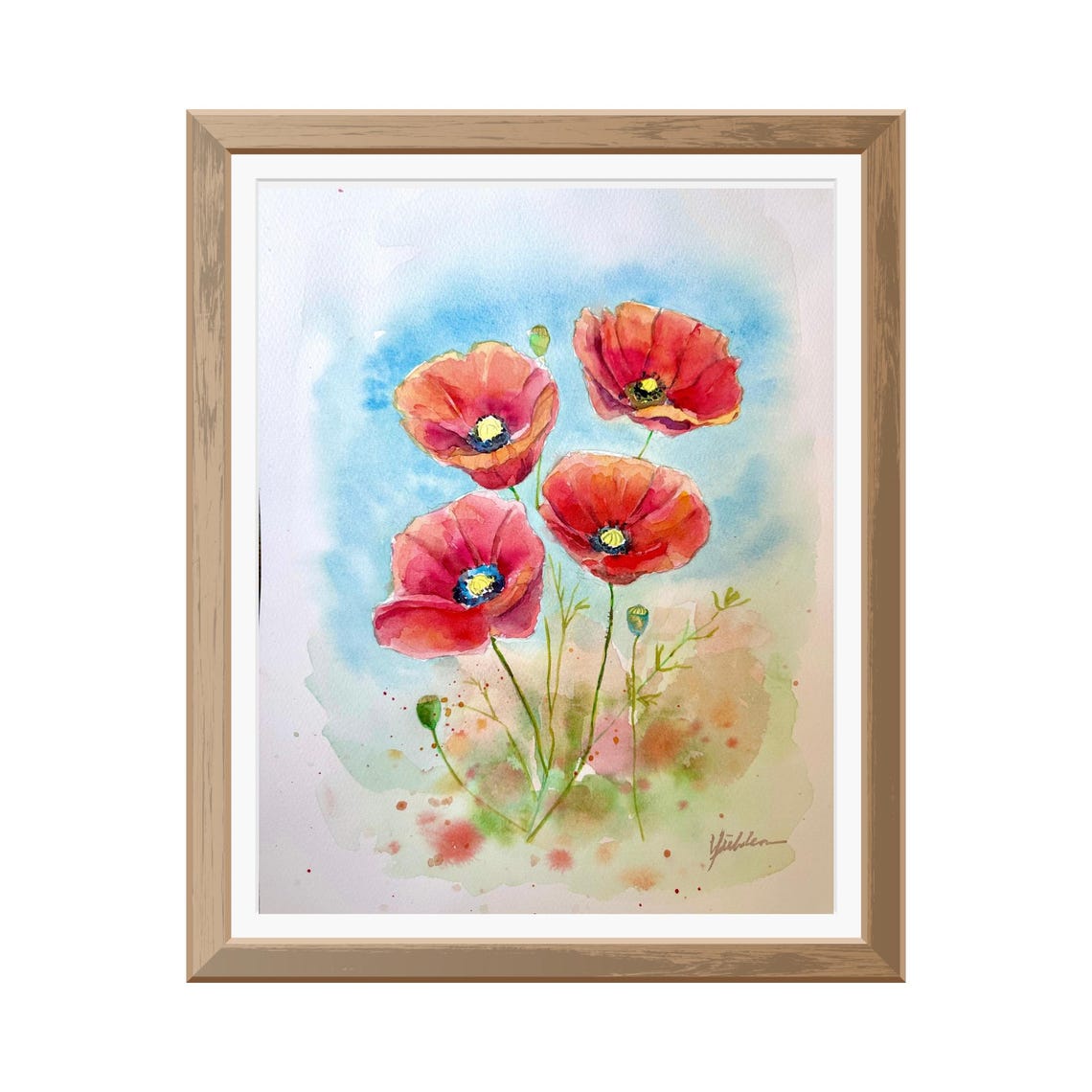 Four Red Poppies Dancing in a Summer Breeze Watercolor Poster - Image 7