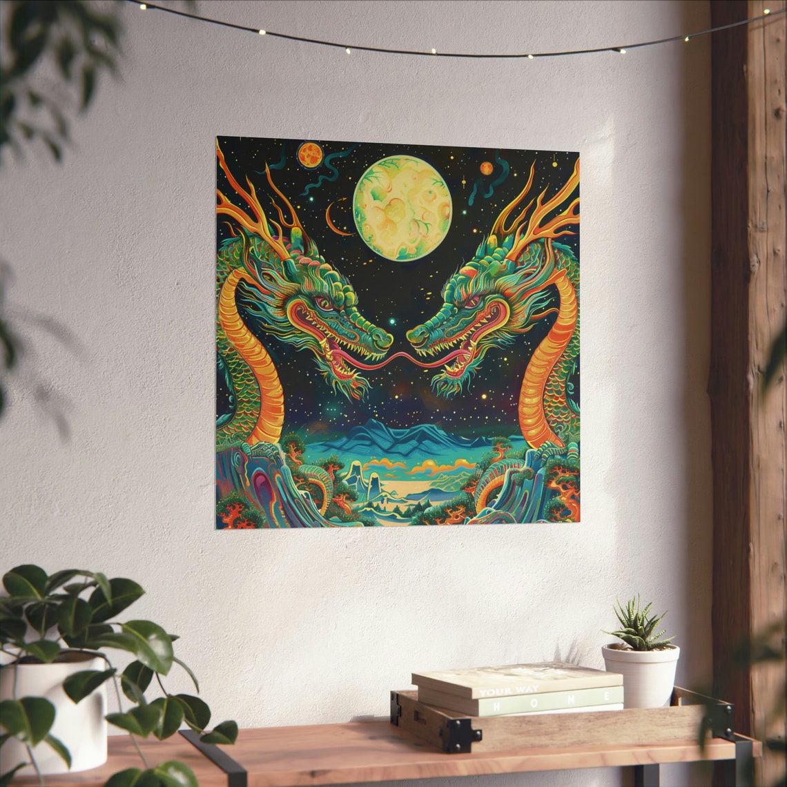 Twin Moon Dragons, Retro Trippy Poster
