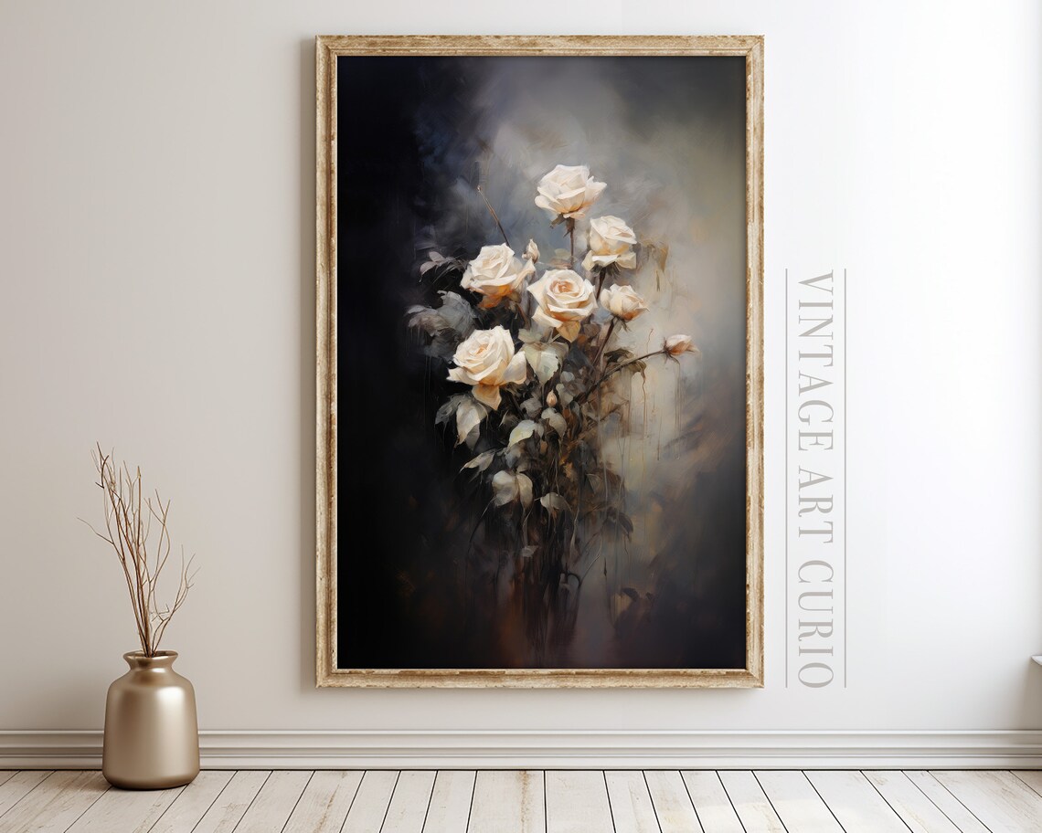 Antique White Roses Moody Floral Vintage Painting Cream Art Print