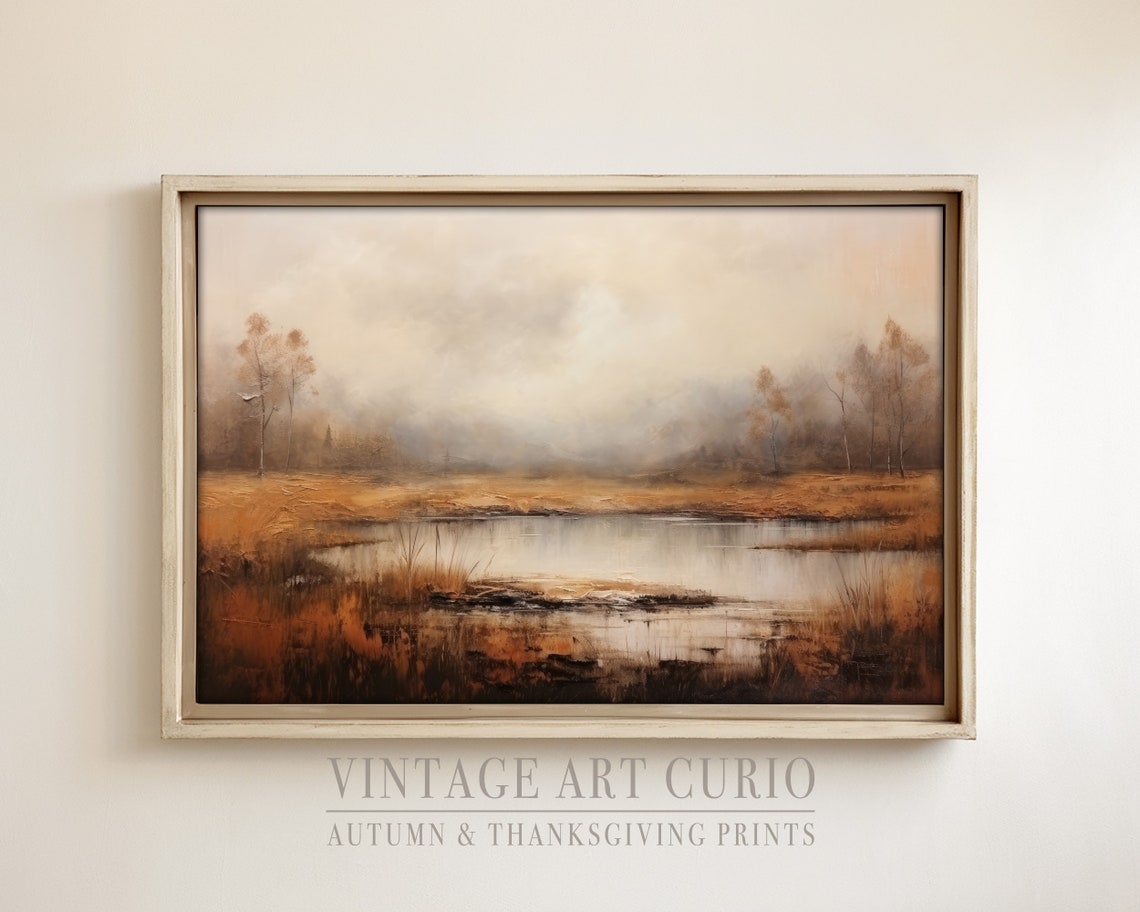 Tranquil Autumn Lake Red Trees Misty Shore Vintage Landscape Poster