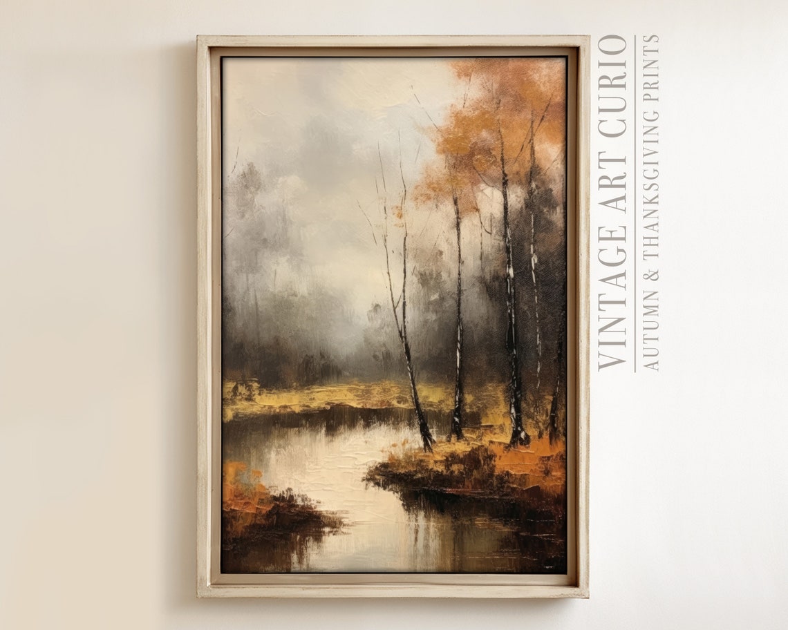 Autumn Birch Lake Golden Reflections Vintage Fall Art Poster