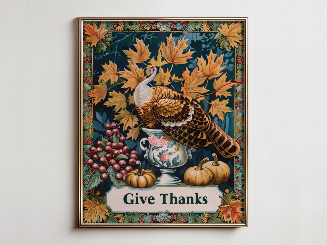 Give Thanks Turkey Pumpkin Vintage Thanksgiving Harvest Poster