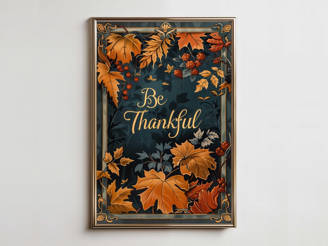 Be Thankful Amber Leaf Wreath Gold Script Elegant Fall Poster