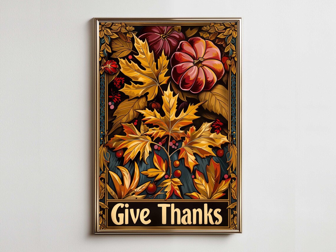Give Thanks Autumn Leaves Pumpkins Vintage Maximalist Poster