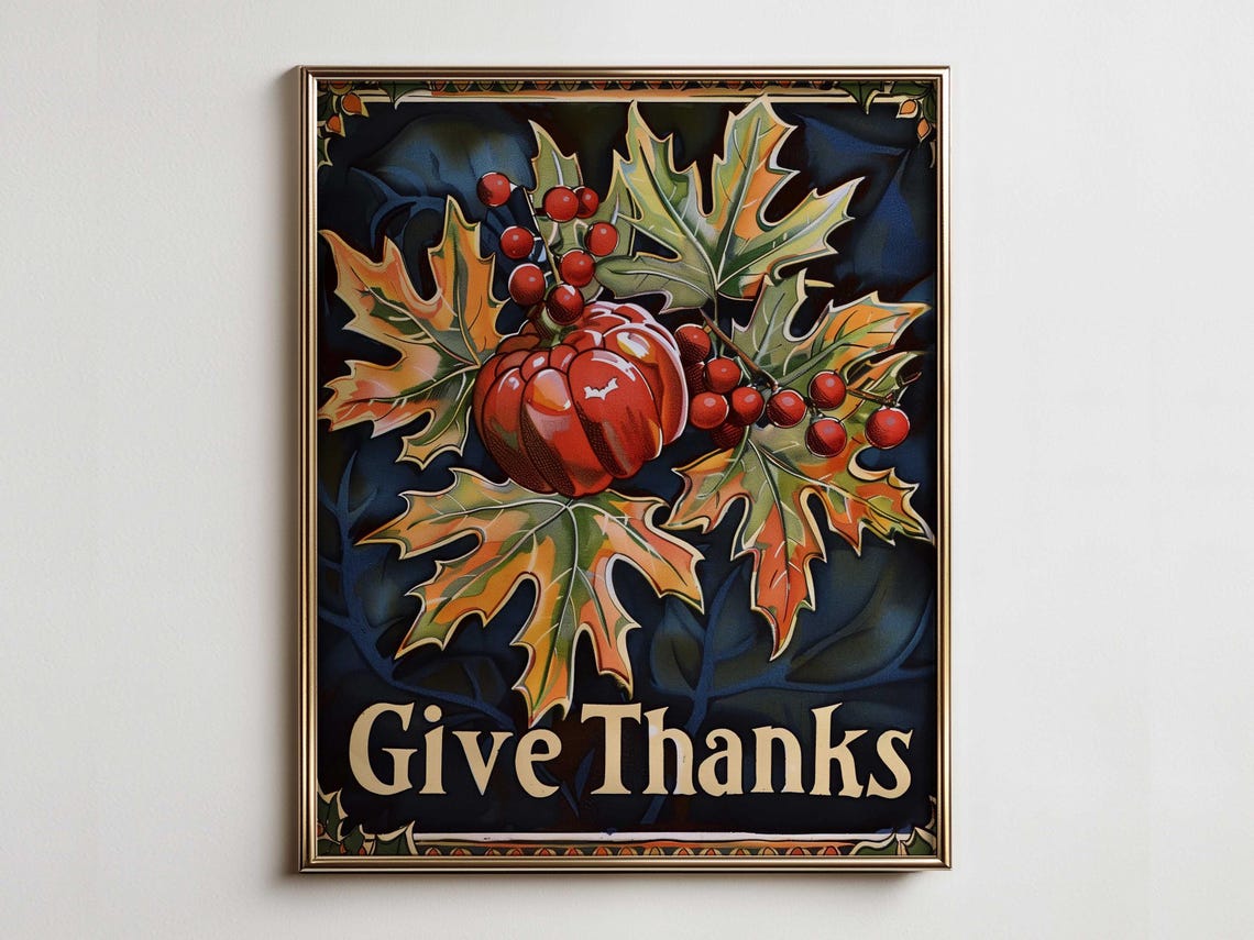 Give Thanks Pumpkin Berries Autumn Leaves Poster Artwork Style