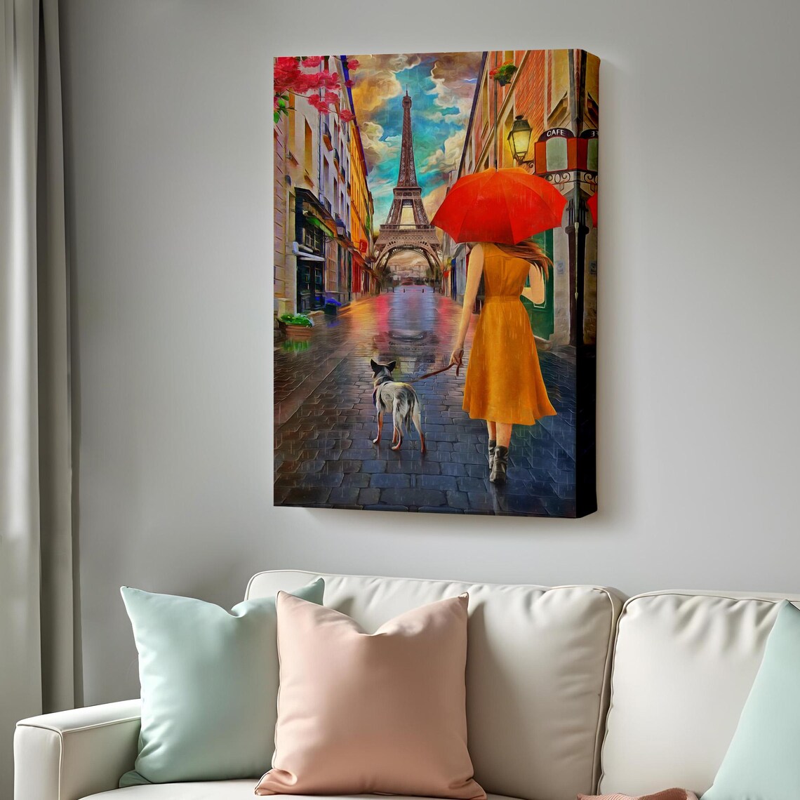 Woman Red Umbrella Dog Rainy Eiffel Tower Paris Street Travel Poster