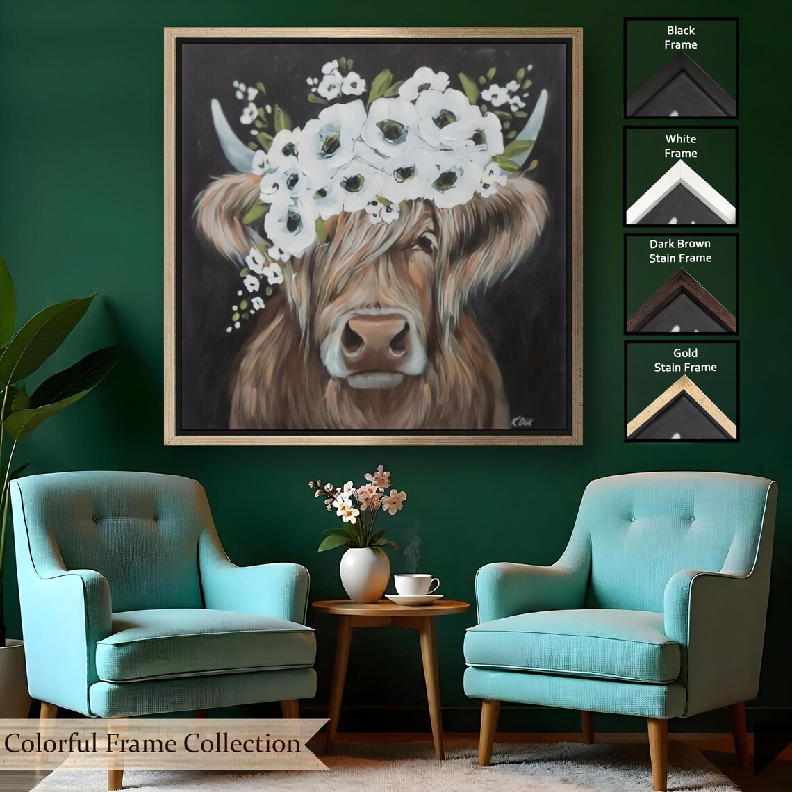 Highland Cow White Flower Crown Dark Background Farm Art Poster - Image 2