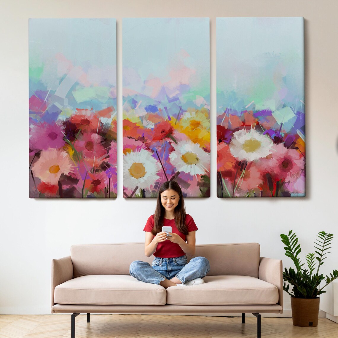 Colorful Daisy Field White Pink Blooms Pastel Sky Floral Art Poster - Image 2