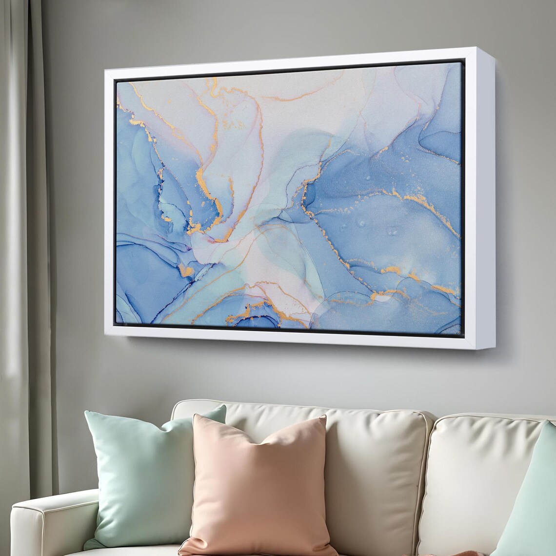Blue White Gold Alcohol Ink Marble Abstract Modern Art Poster - Image 3