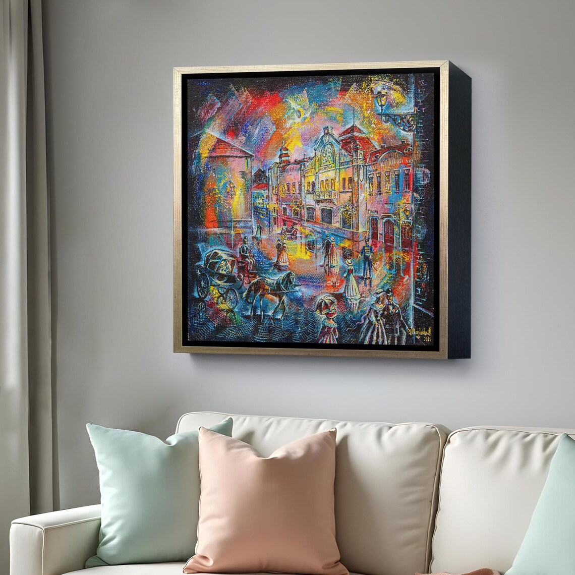 Vibrant Old Town Street Night Carriages Lamplit City Painting Wall Art - Image 4