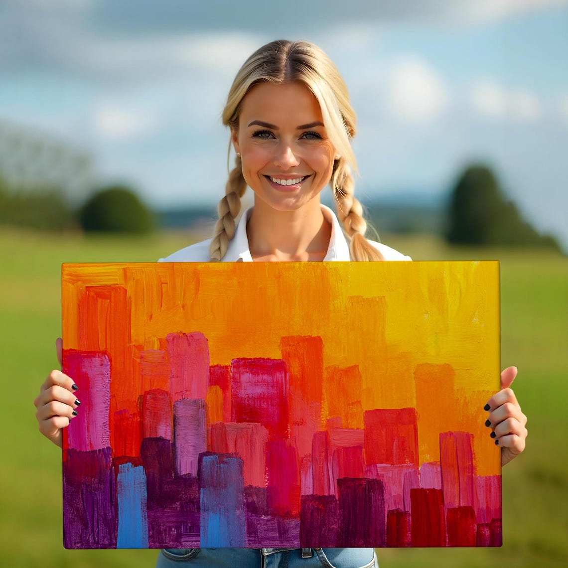 Abstract Magenta City Skyline Orange Sunset Bold Modern Art Print - Image 5