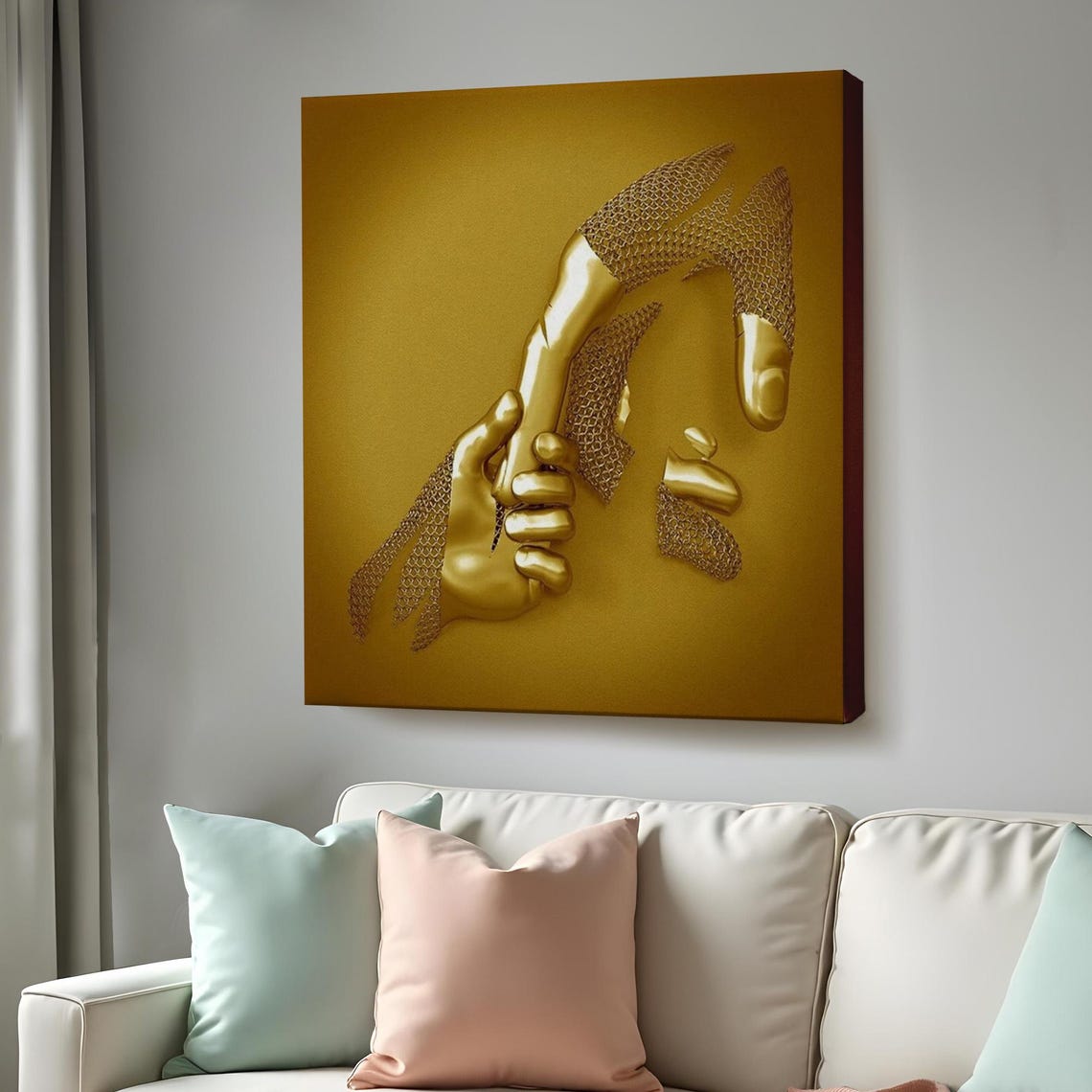 Golden Clasped Hands 3D Effect Love Connection Metallic Art Poster