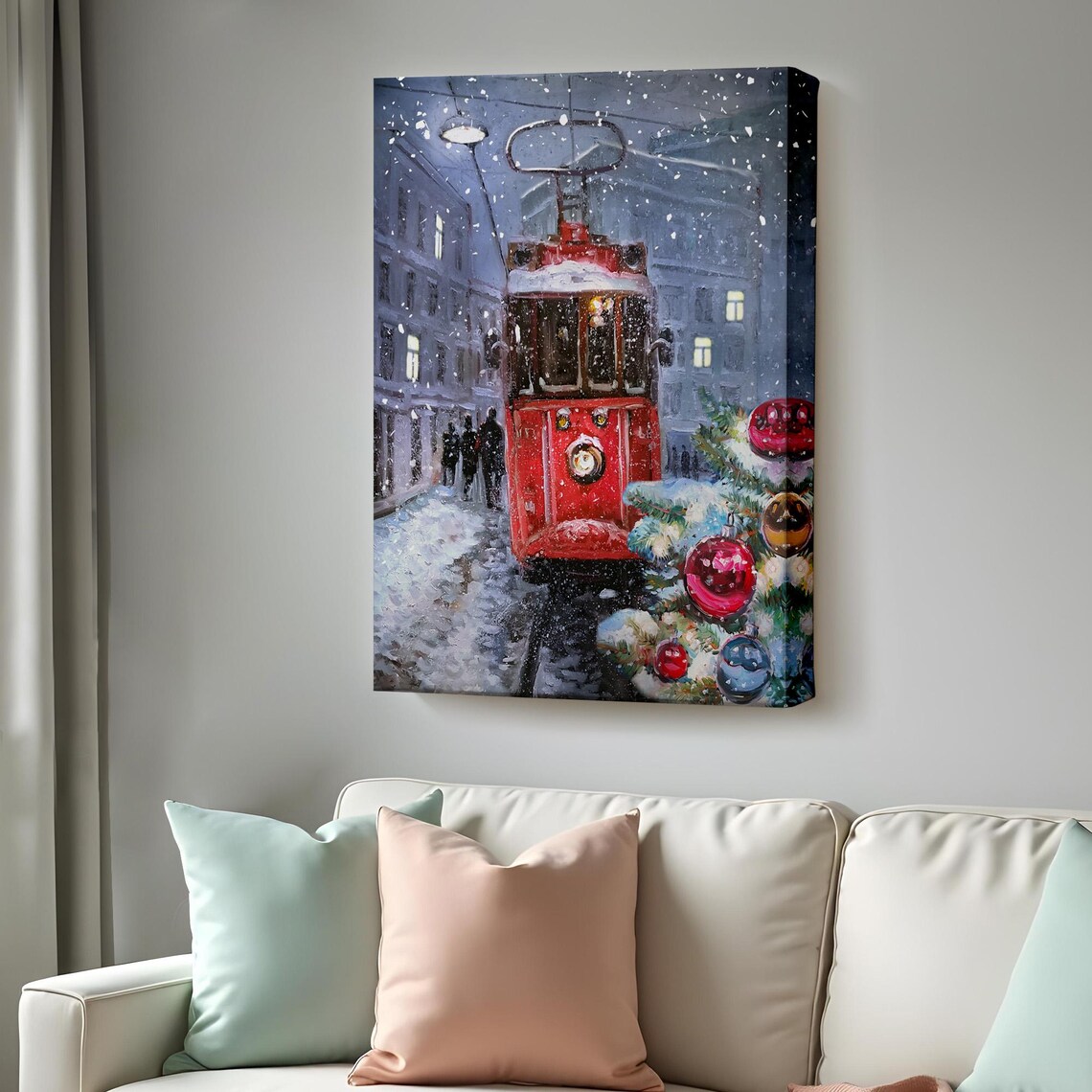 Red Vintage Tram In Snowy Street Christmas Ornaments Winter Wall Art