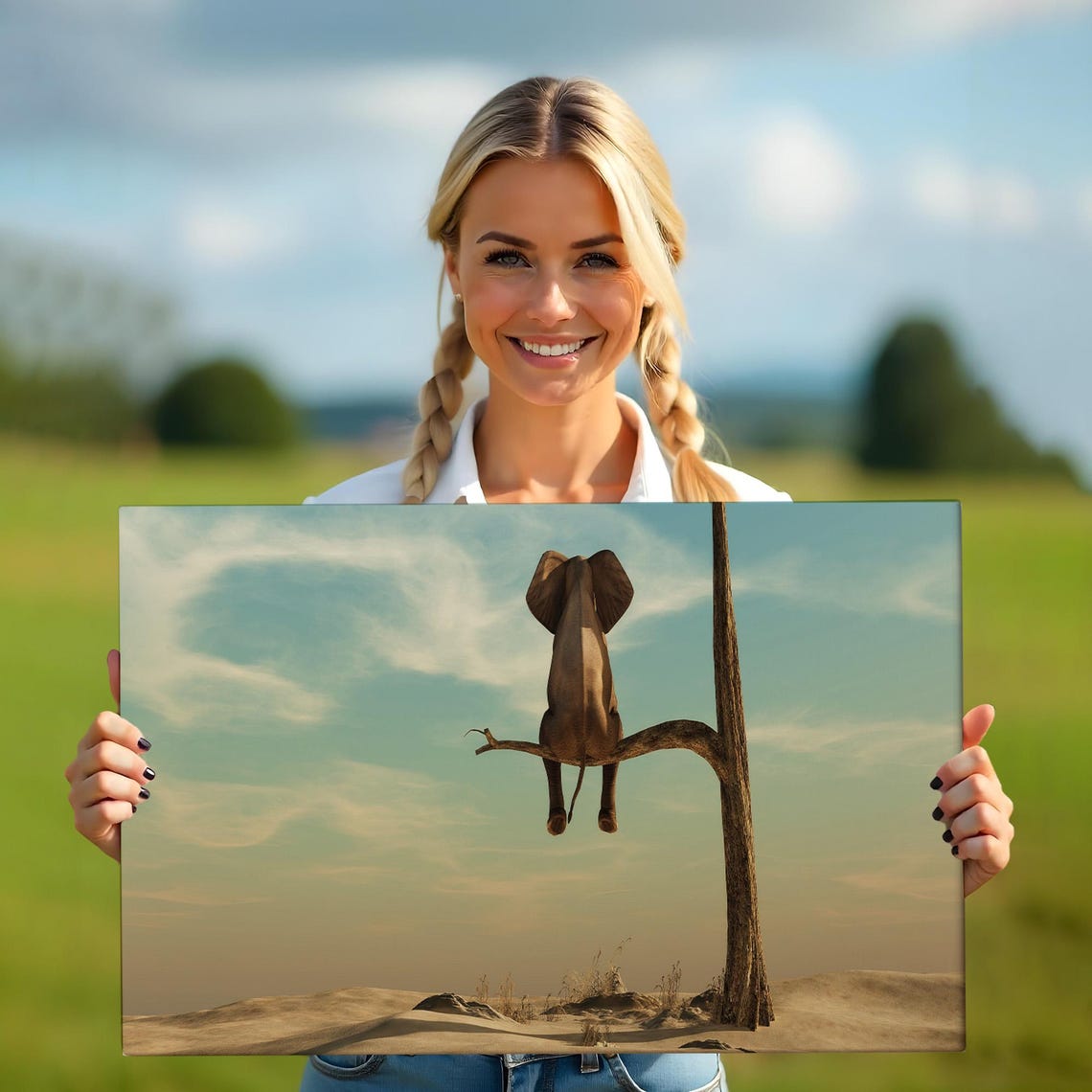 Elephant Sitting On Tree Branch Desert Surreal Funny Animal Wall Art - Image 5