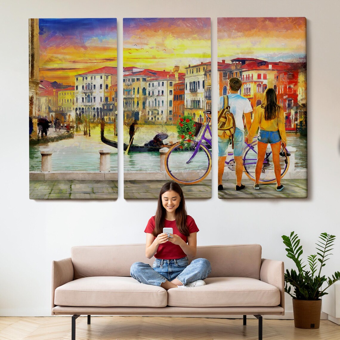 Romantic Venice Canal Sunset Couple With Bike Gondolas Italy Poster - Image 2