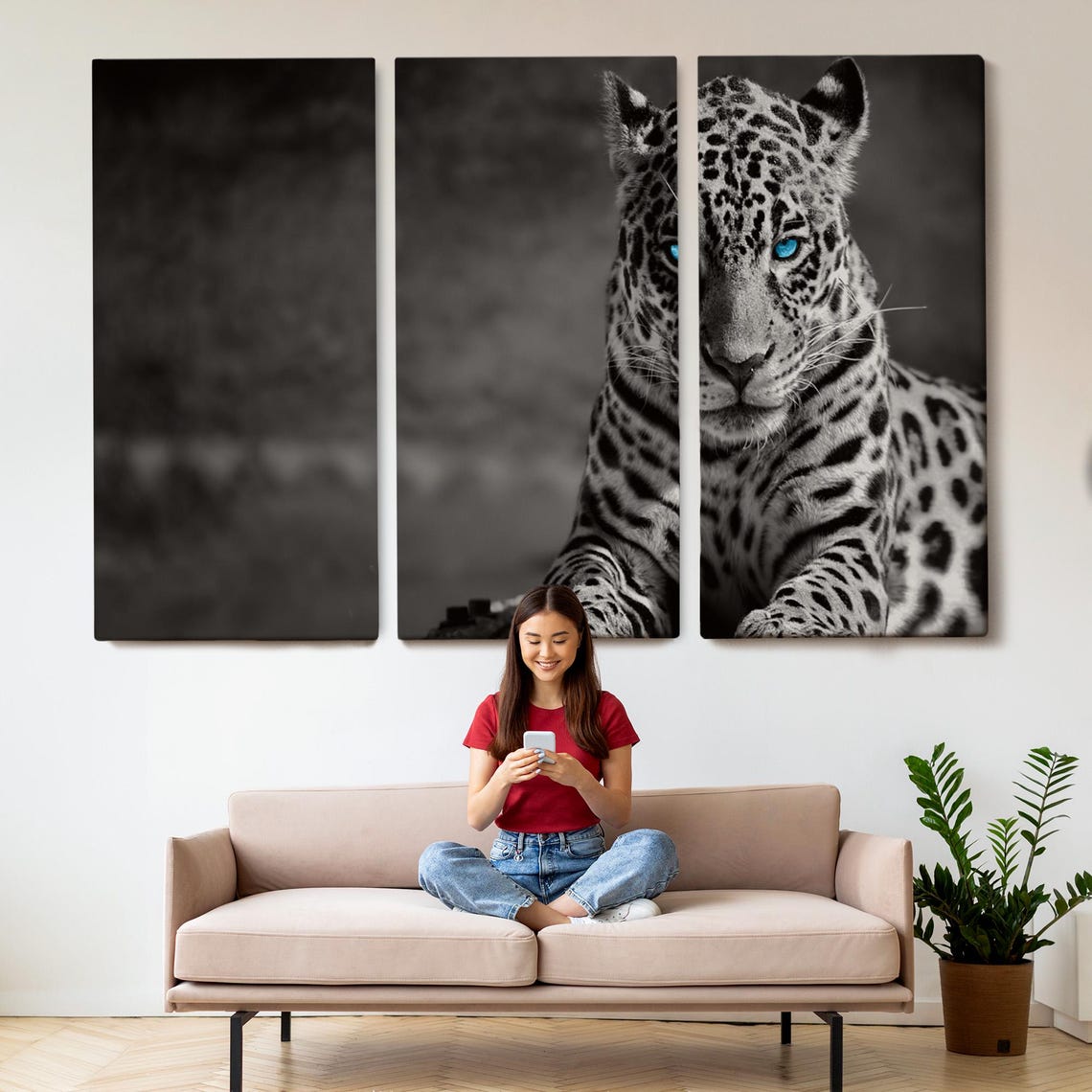 Jaguar With Striking Blue Eyes Black And White Wildlife Photo Poster - Image 2