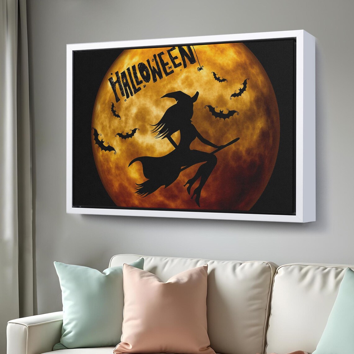 Halloween Witch Flying Broom Full Moon Bats Spooky Night Sky Wall Art Poster - Image 3