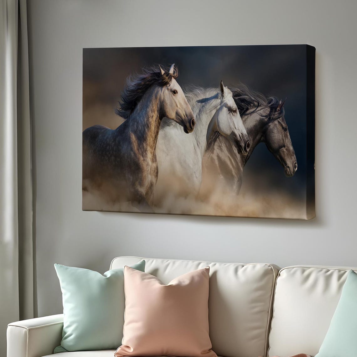Three Galloping Horses Dusty Wild Stallions Dramatic Equine Wall Art