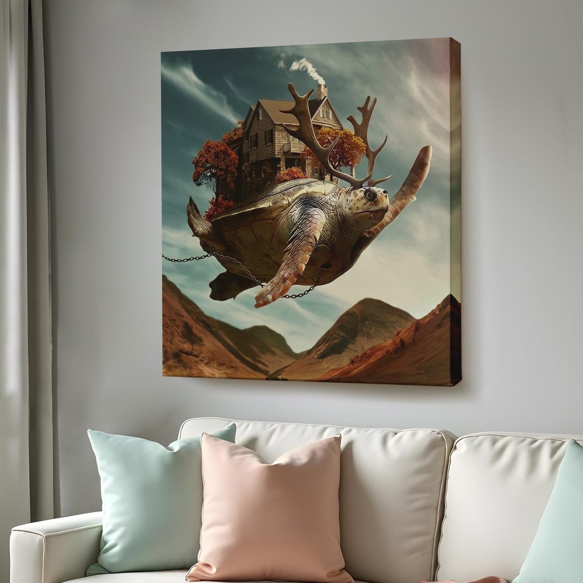 Surreal Flying Turtle Carrying House Over Mountains Art Poster