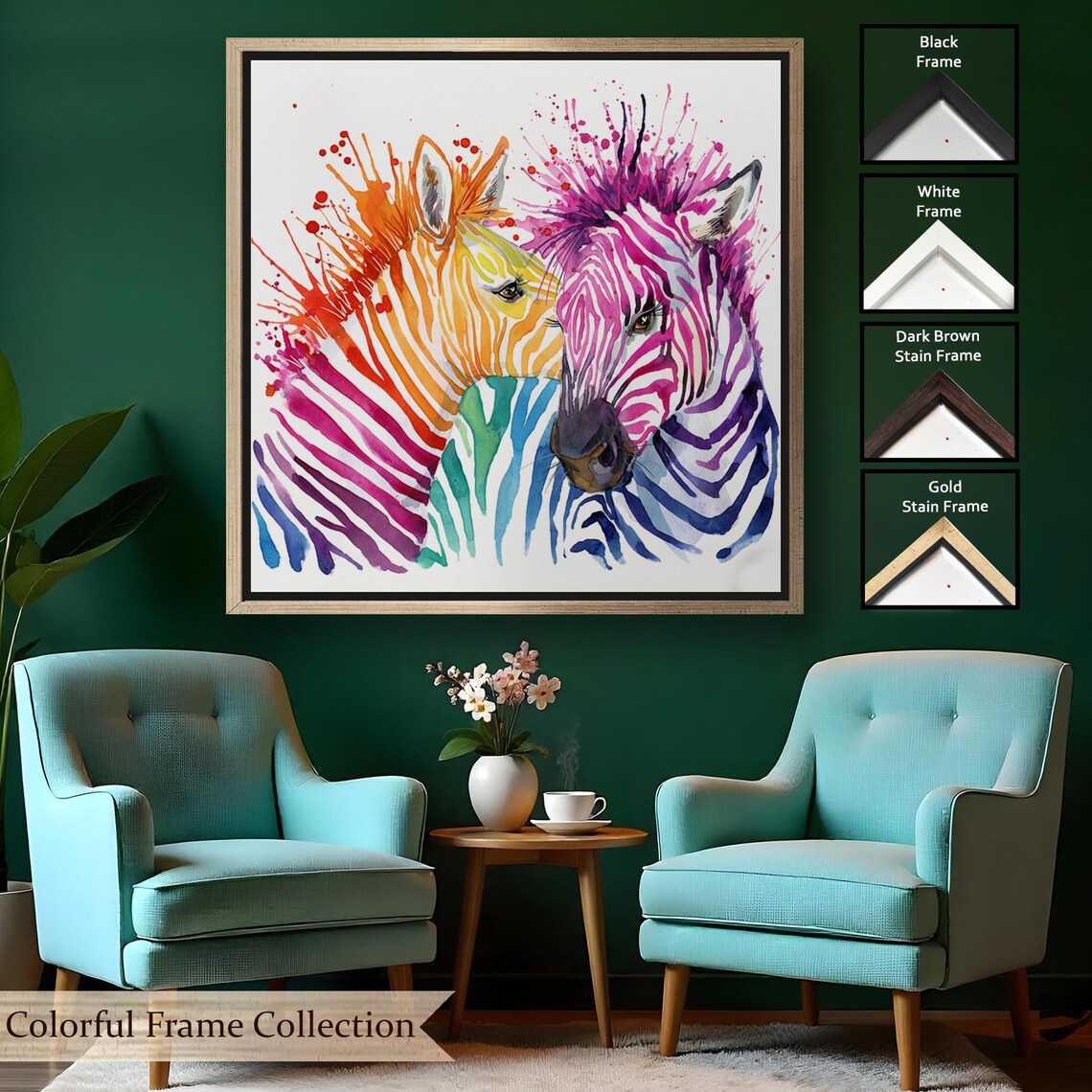 Colorful Rainbow Zebras Watercolor Pair Wildlife Pop Art Modern Wall Art Poster - Image 2