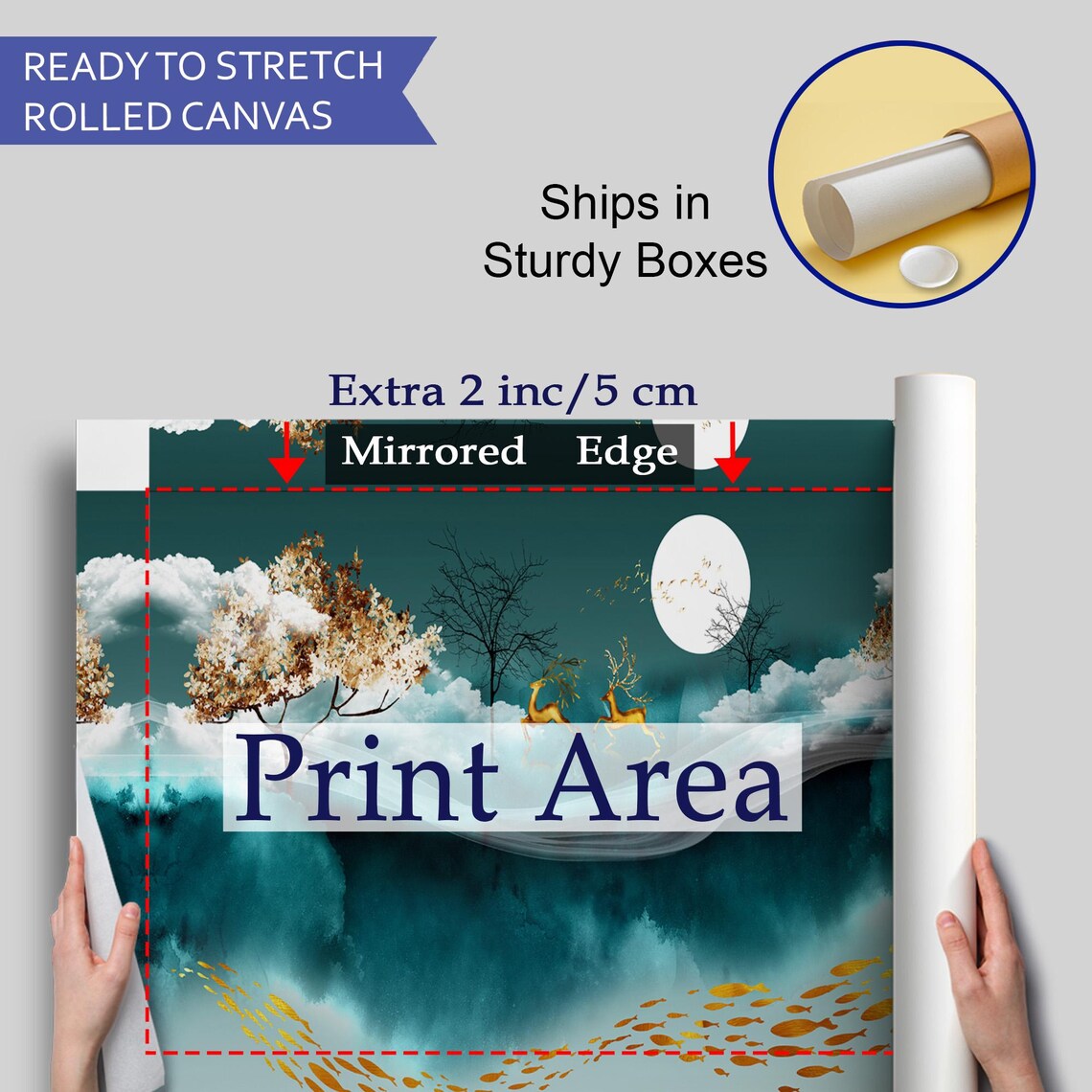 Golden Deer Running Clouds Moonlit Teal Night Surreal Dreamlike Wall Art Poster - Image 4