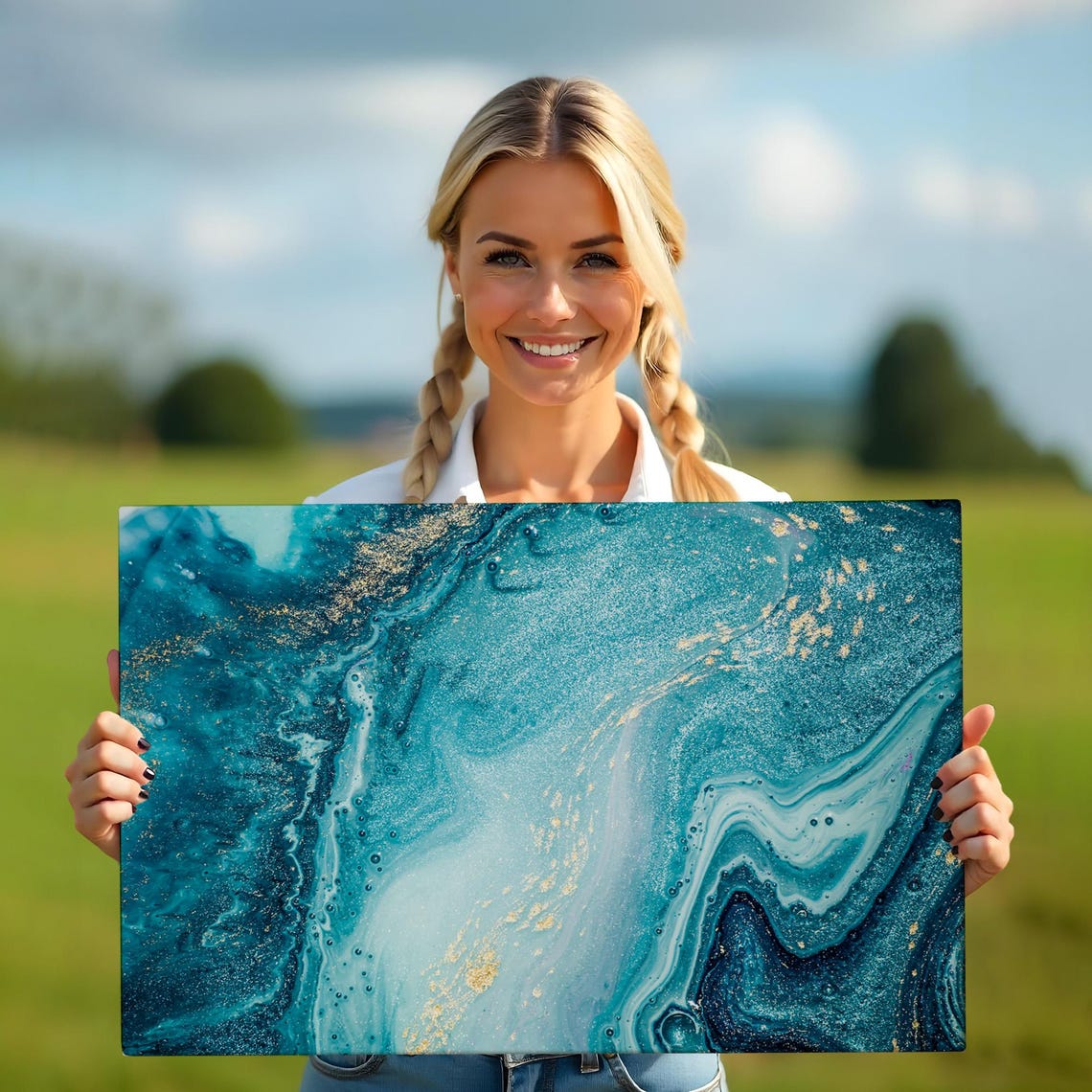 Abstract Teal Ocean Marble Swirl Gold Accent Modern Wall Art Print - Image 5