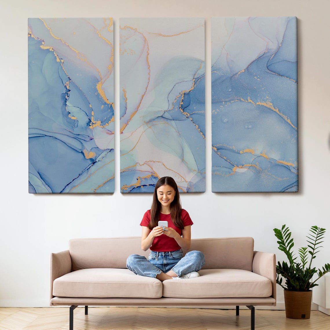 Blue White Gold Alcohol Ink Marble Abstract Modern Art Poster - Image 2