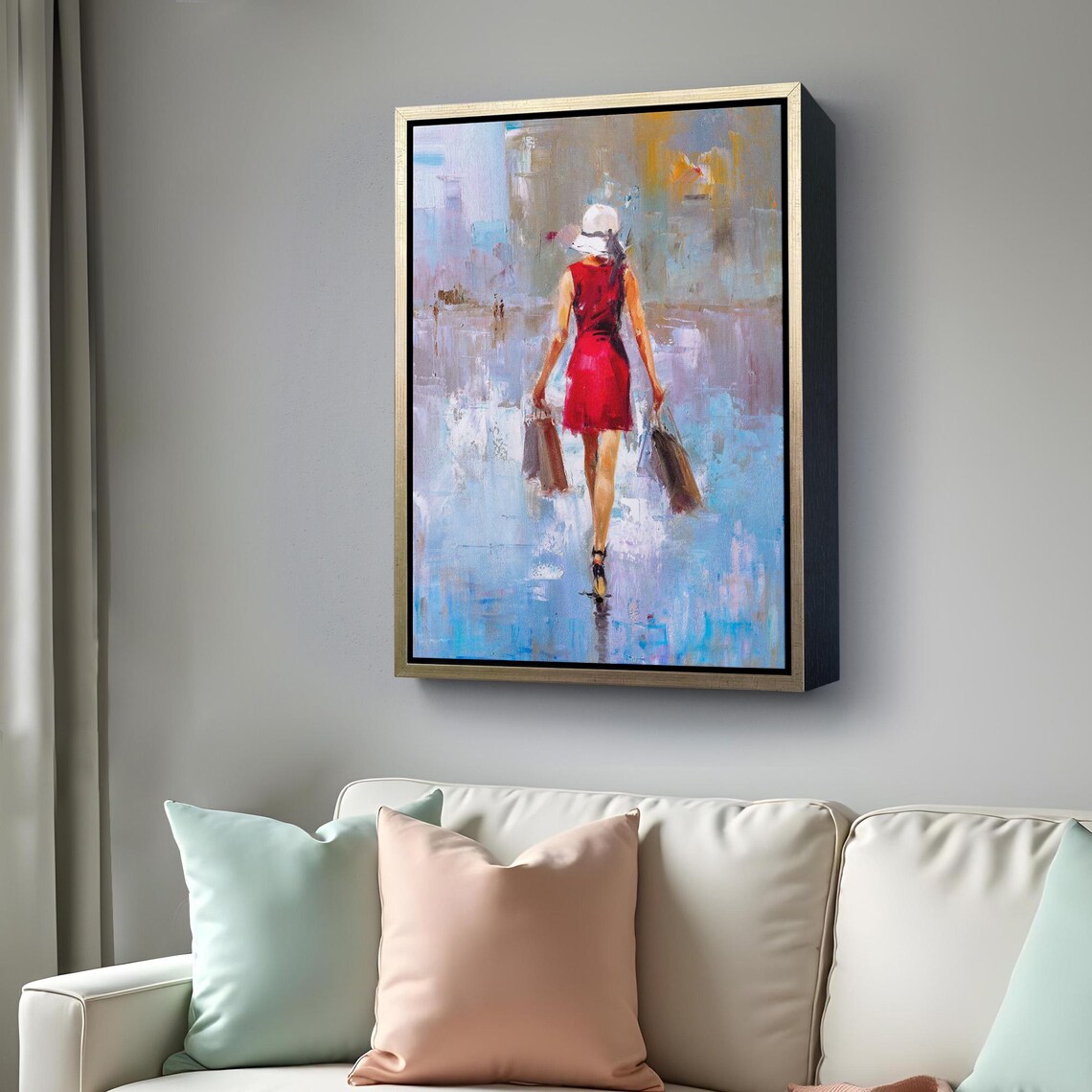 Woman in Red Dress Walking Away Oil Painting Style Modern Figurative Wall Poster - Image 4