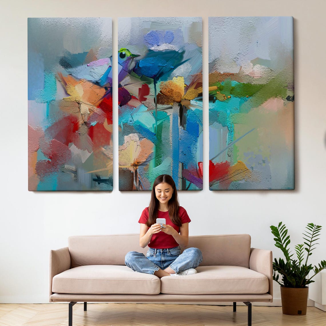 Abstract Flowers Blue Bird Colorful Modern Botanical Art Poster - Image 2