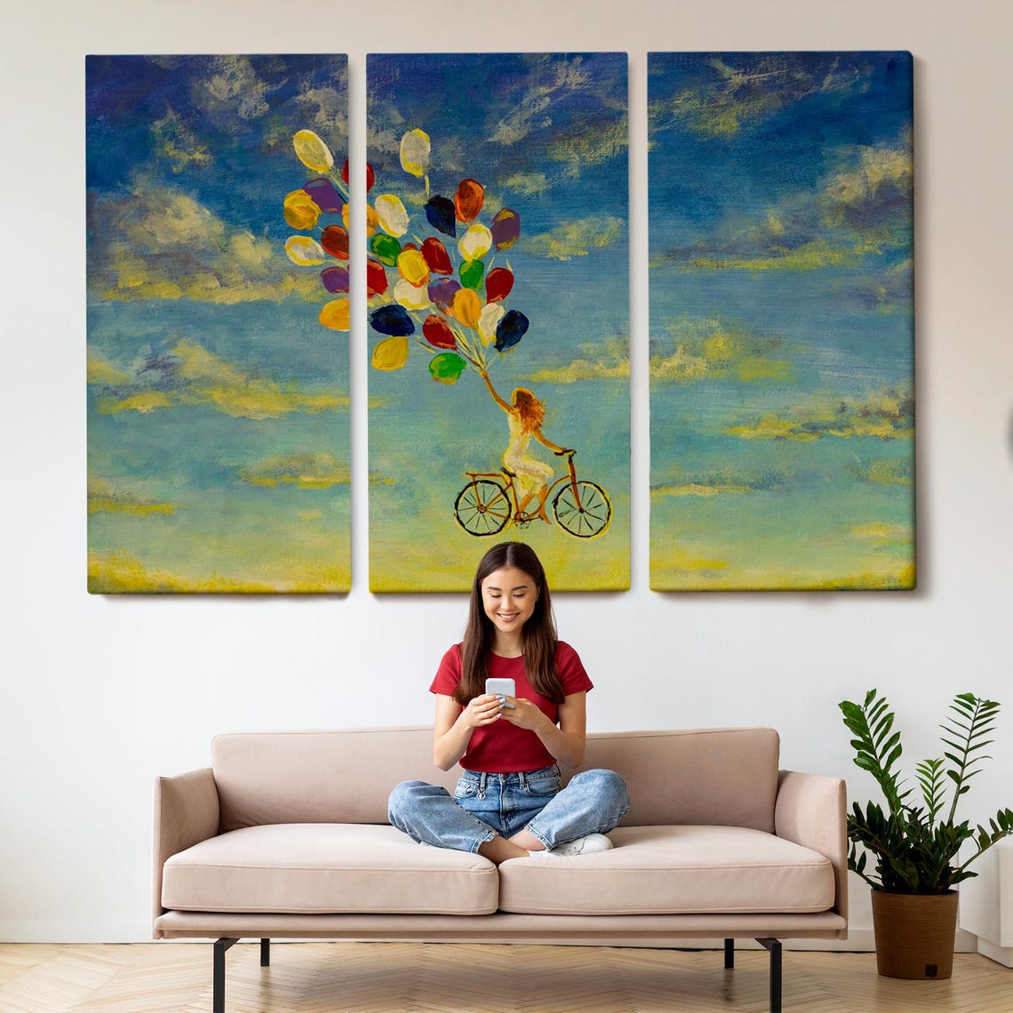Girl On Bicycle Flying Colorful Balloons Dreamy Sky Art Poster - Image 2