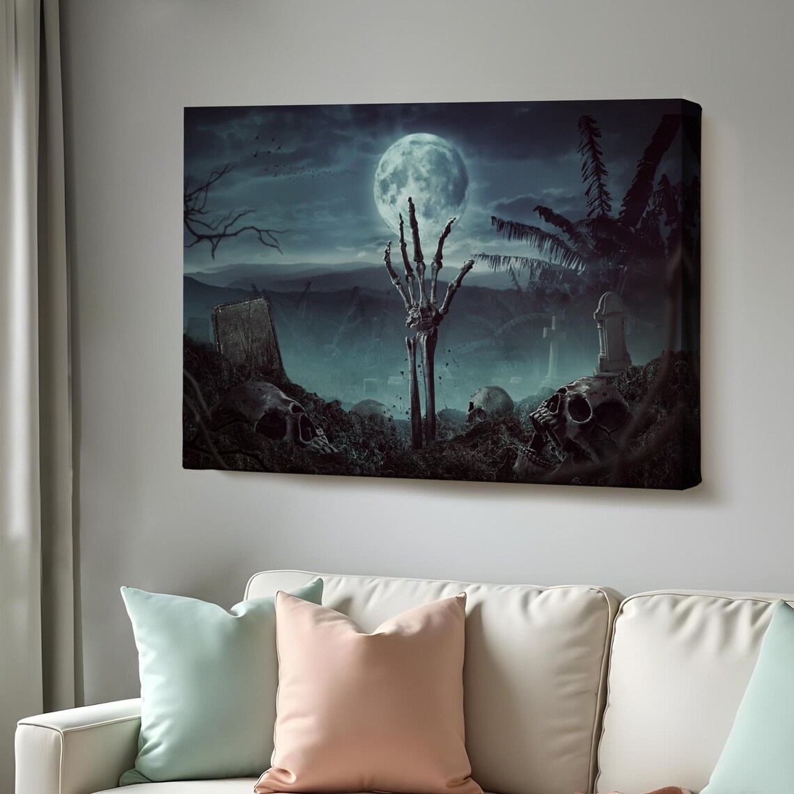 Skeleton Hand Graveyard Skulls Full Moon Dark Horror Night Wall Art Poster