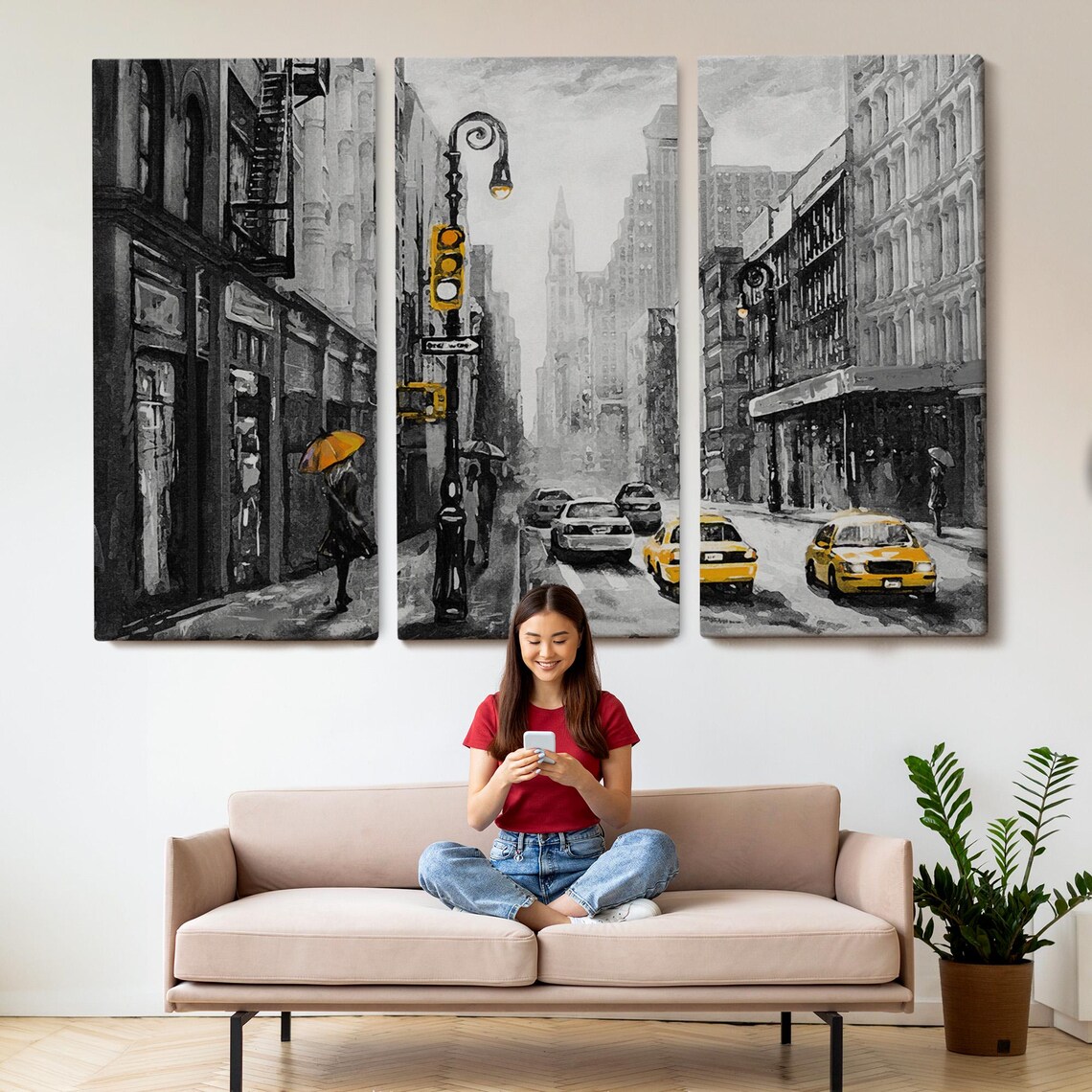 New York City Street Yellow Taxis Black White Rain Umbrella Art Poster - Image 2