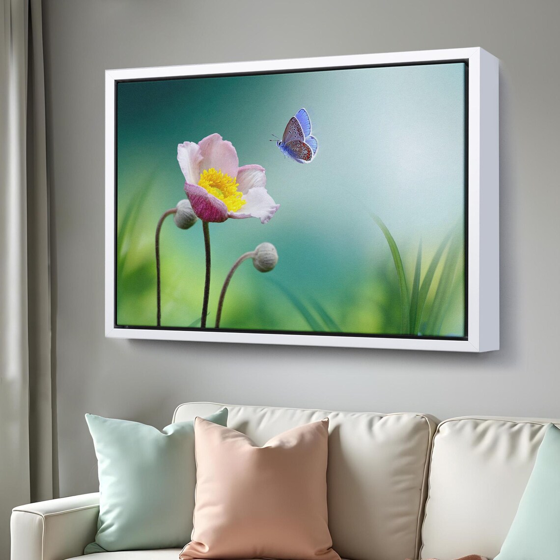 Pink Flower Blue Butterfly Macro Nature Photography Wall Art - Image 3