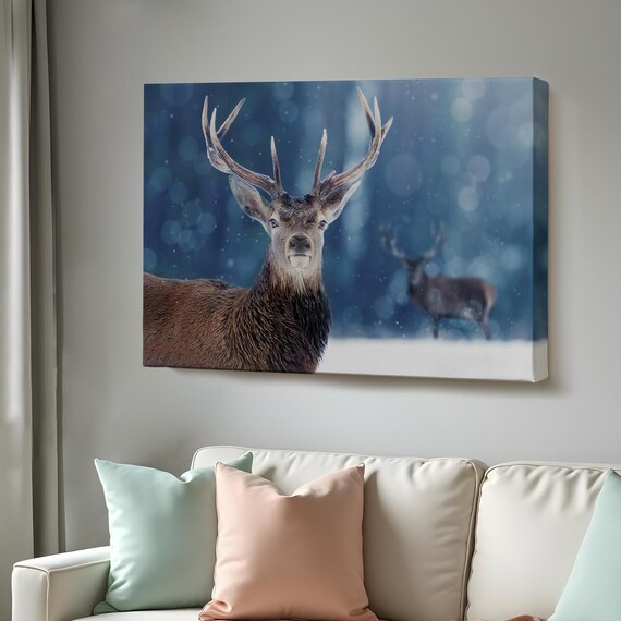 Red Deer Stag Snowy Forest Falling Snow Majestic Wildlife Photo Wall Art
