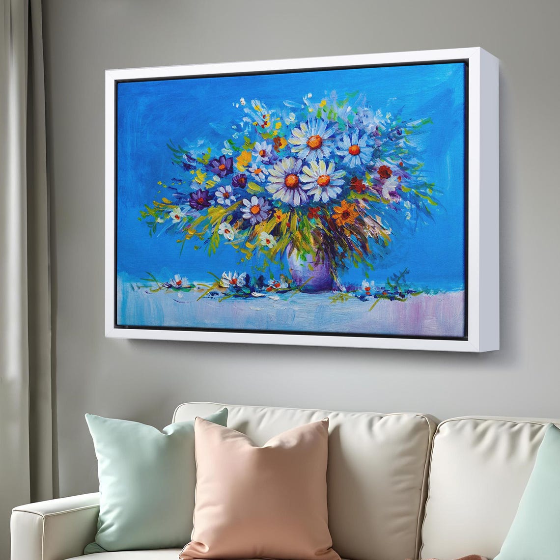 Wildflowers Bouquet Purple Vase Bright Blue Oil Painting Wall Art - Image 3