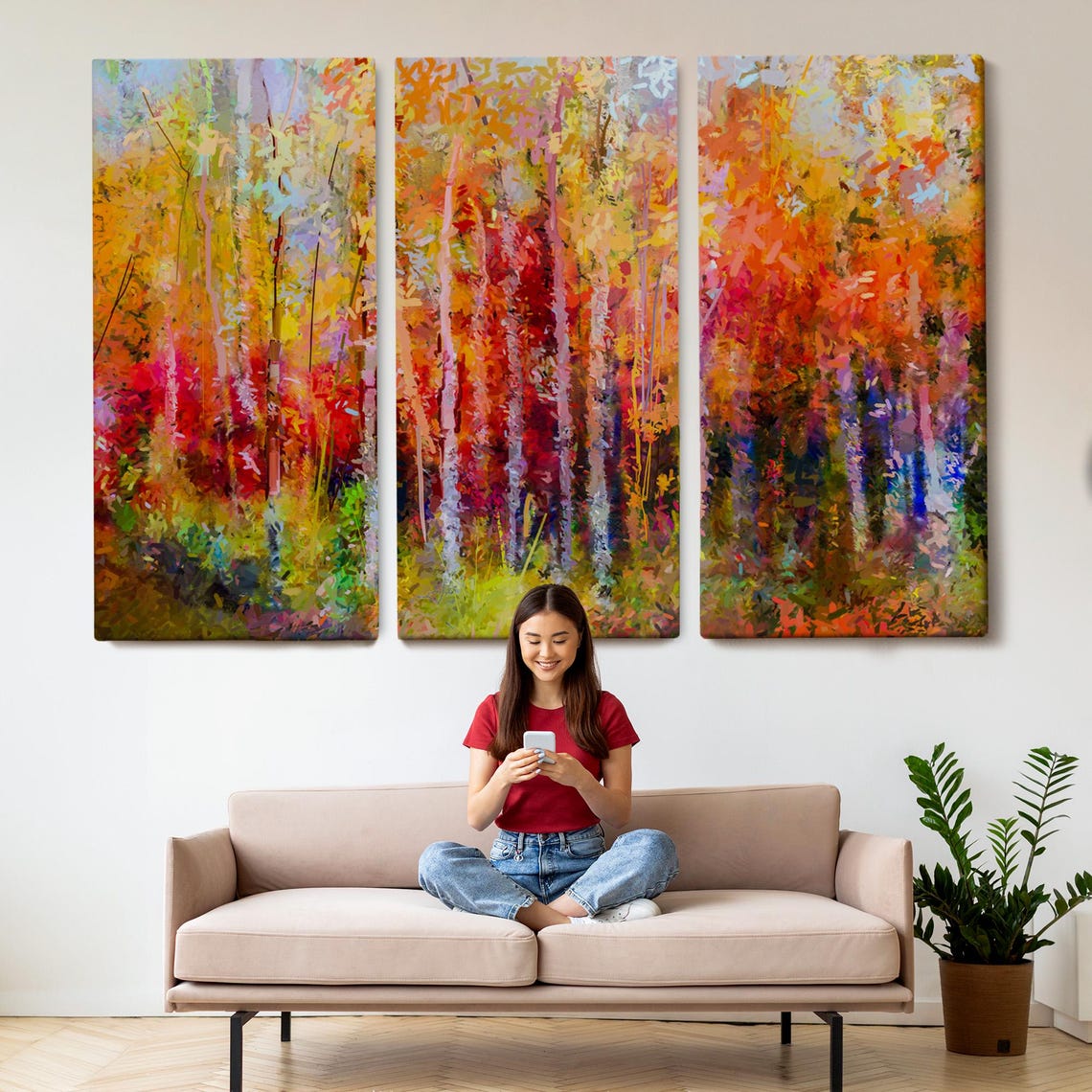 Abstract Autumn Birch Forest Red Orange Gold Modern Art Poster - Image 2