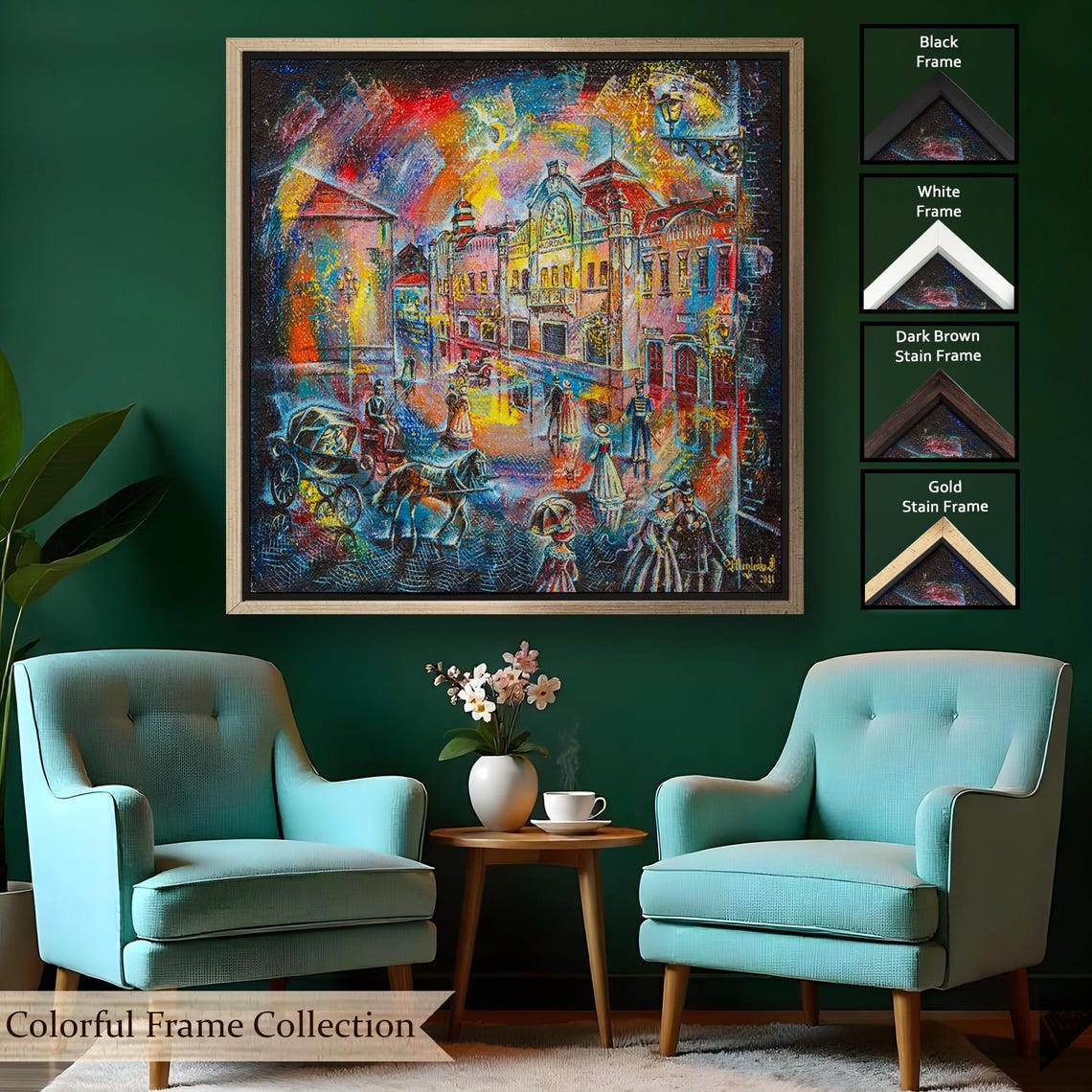 Vibrant Old Town Street Night Carriages Lamplit City Painting Wall Art - Image 2