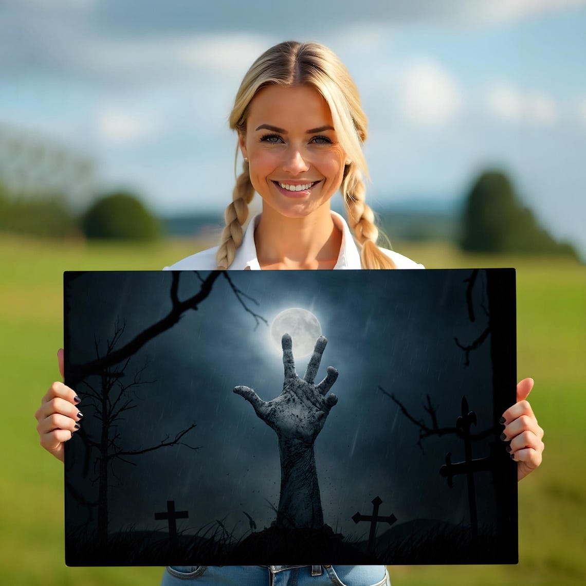 Zombie Hand Rising From Grave Moonlit Cemetery Halloween Art Poster - Image 5
