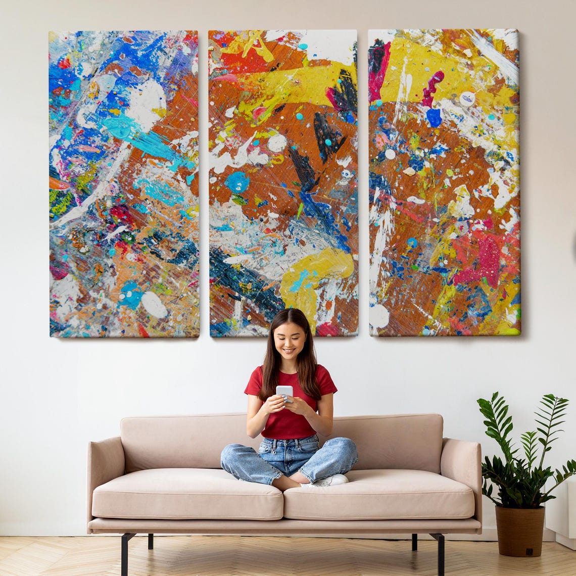 Colorful Abstract Paint Splatter Orange Blue Yellow Modern Art Poster - Image 2