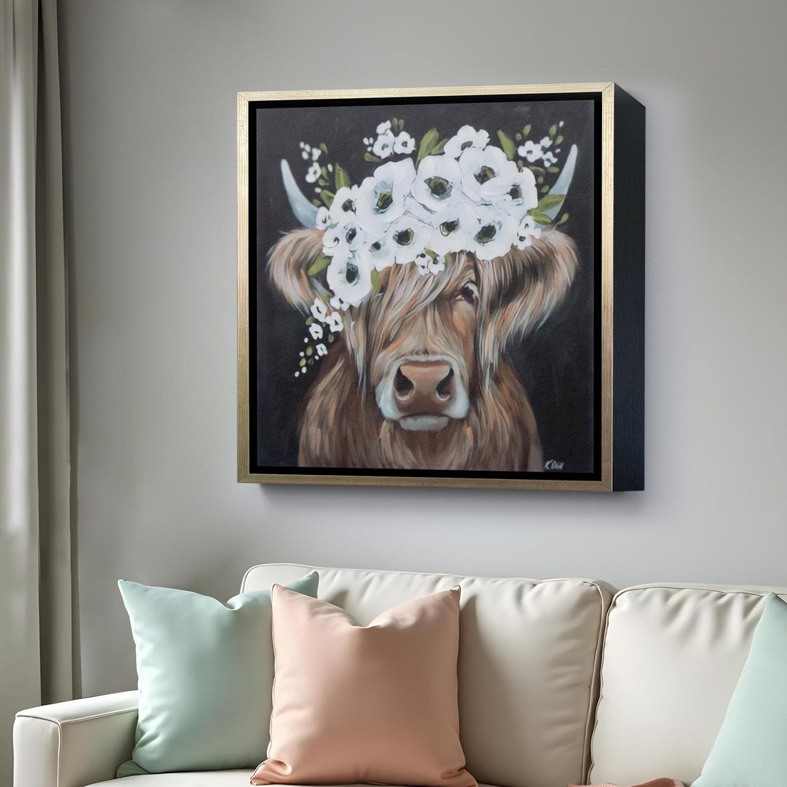 Highland Cow White Flower Crown Dark Background Farm Art Poster - Image 4